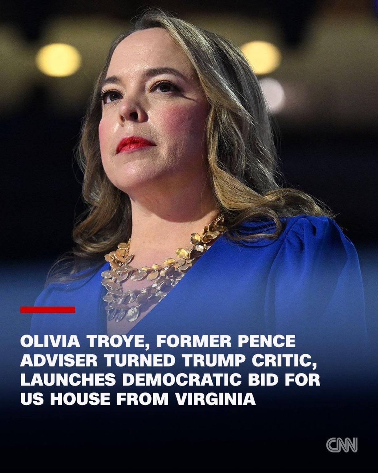 美国前副总统迈克·彭斯的顾问奥利维亚·特罗伊宣布，她将以民主党人身份竞选弗吉尼亚