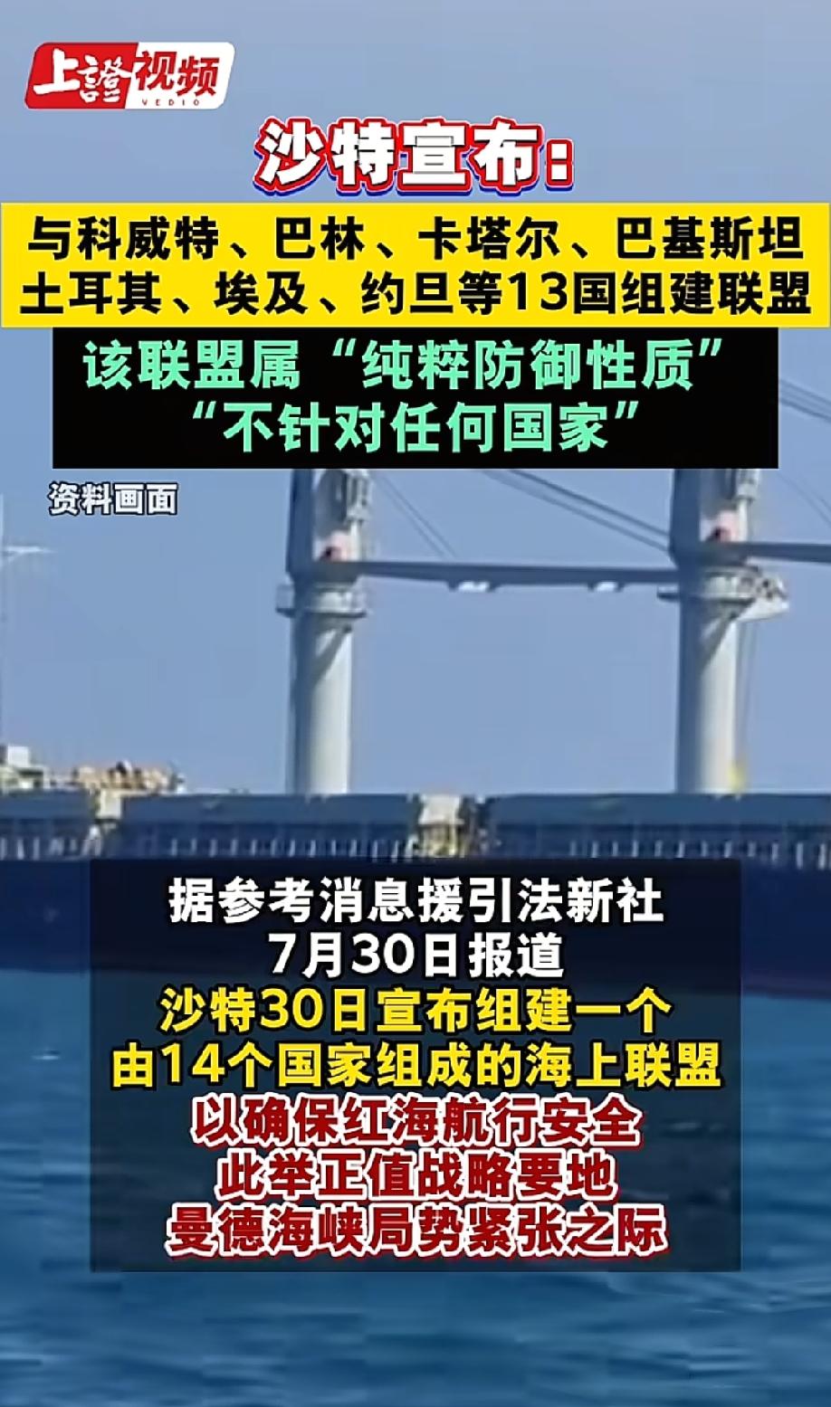 当地时间7月30日，沙特宣布组建海上联盟，这是由14个国家一同组成的一个军事性质