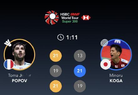 大波波夫🇫🇷 21-13、19-21、21-19 🇯🇵古贺穗半决赛对手：