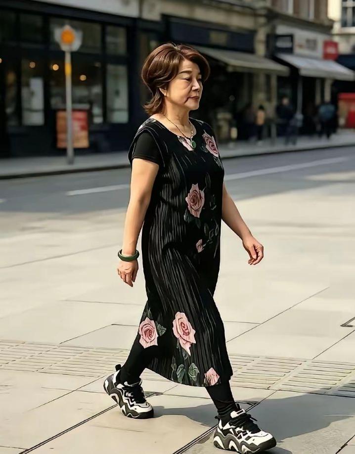 我就佩服她这份心态，满满的精气神。
 
一身印花长裙搭配休闲运动鞋，打扮随性又自