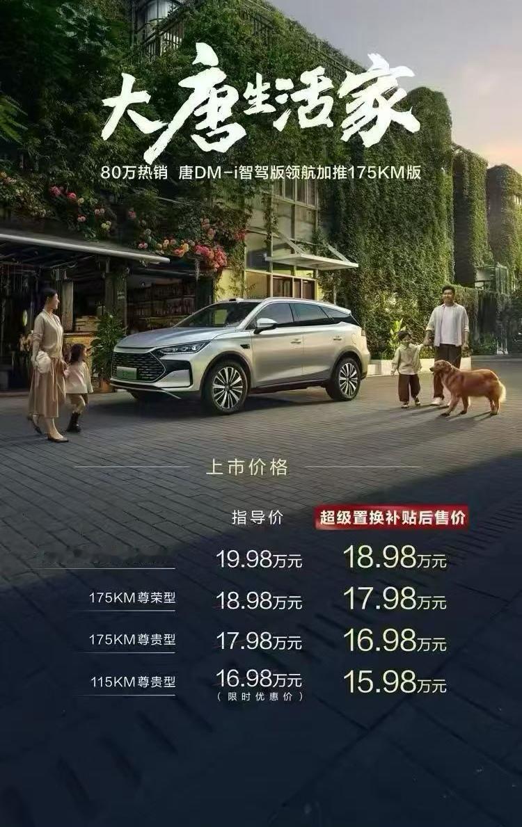 懂车之道快讯，比亚迪唐DM-i智驾版领航加推175KM版正式发布上市，超级置换补