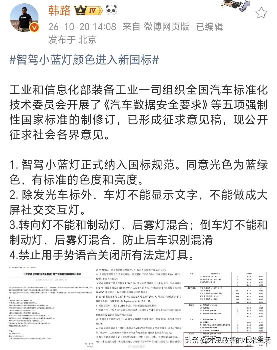 韩路：智驾小蓝灯正式纳入国标规范。

工信部公开征求强标意见，智驾小蓝灯正式纳入
