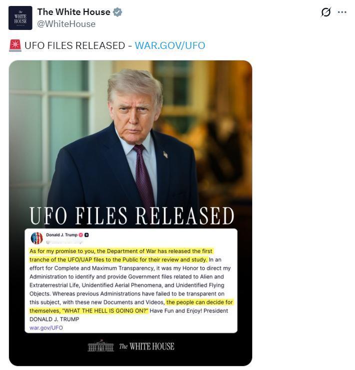 特朗普今晚发帖：“至于我对你许下的承诺，美国战争部已向公众公布首批 UFO/UA