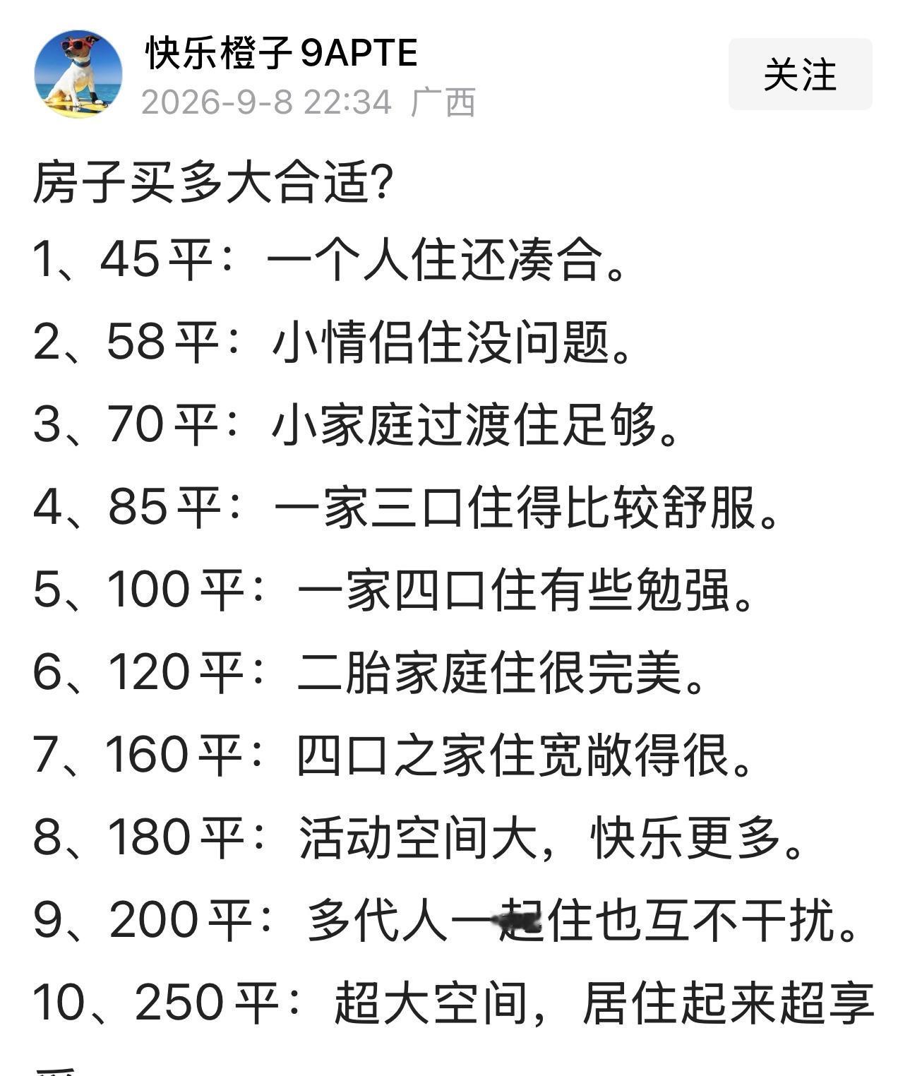 “房子买多大的合适？”刷到这样一篇微头条。

文中说45平米一个人住还凑合。确实