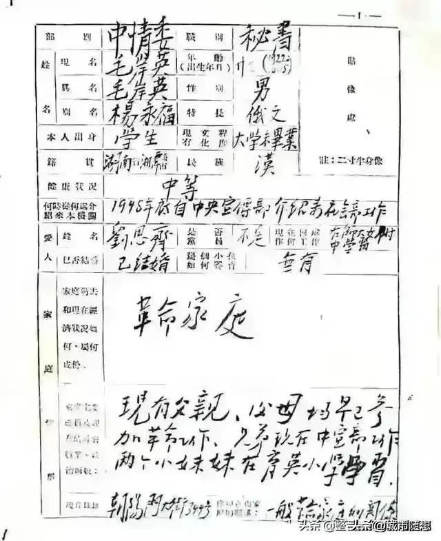 毛岸英同志在入朝前亲笔写了一份档案表，其笔迹遒劲有力，颇有主席的风采。
作为彭德