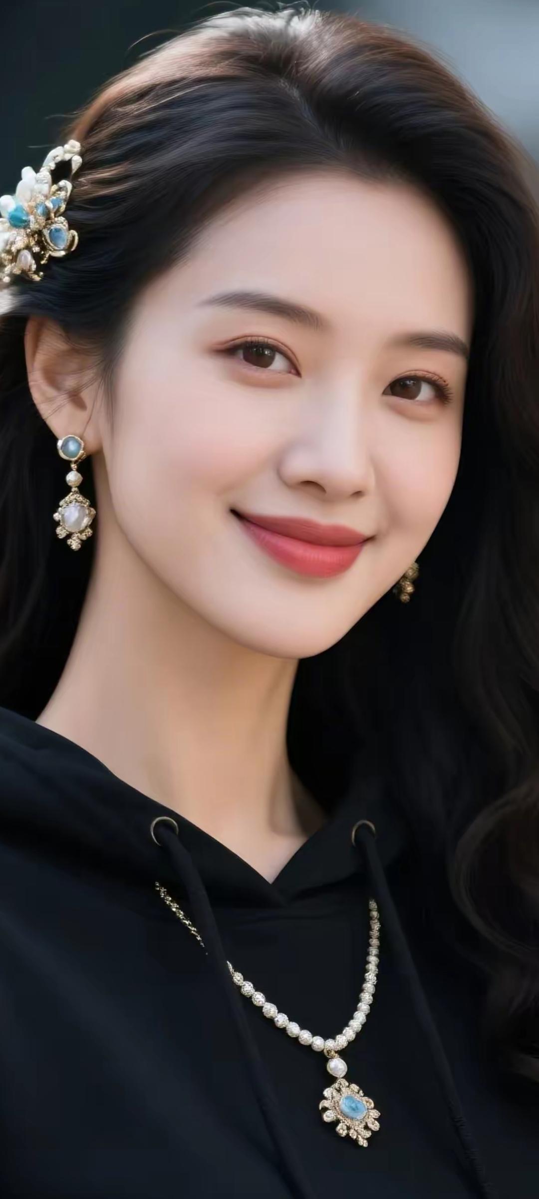 优雅黑衣少女，精致珠宝配饰，甜美笑容动人