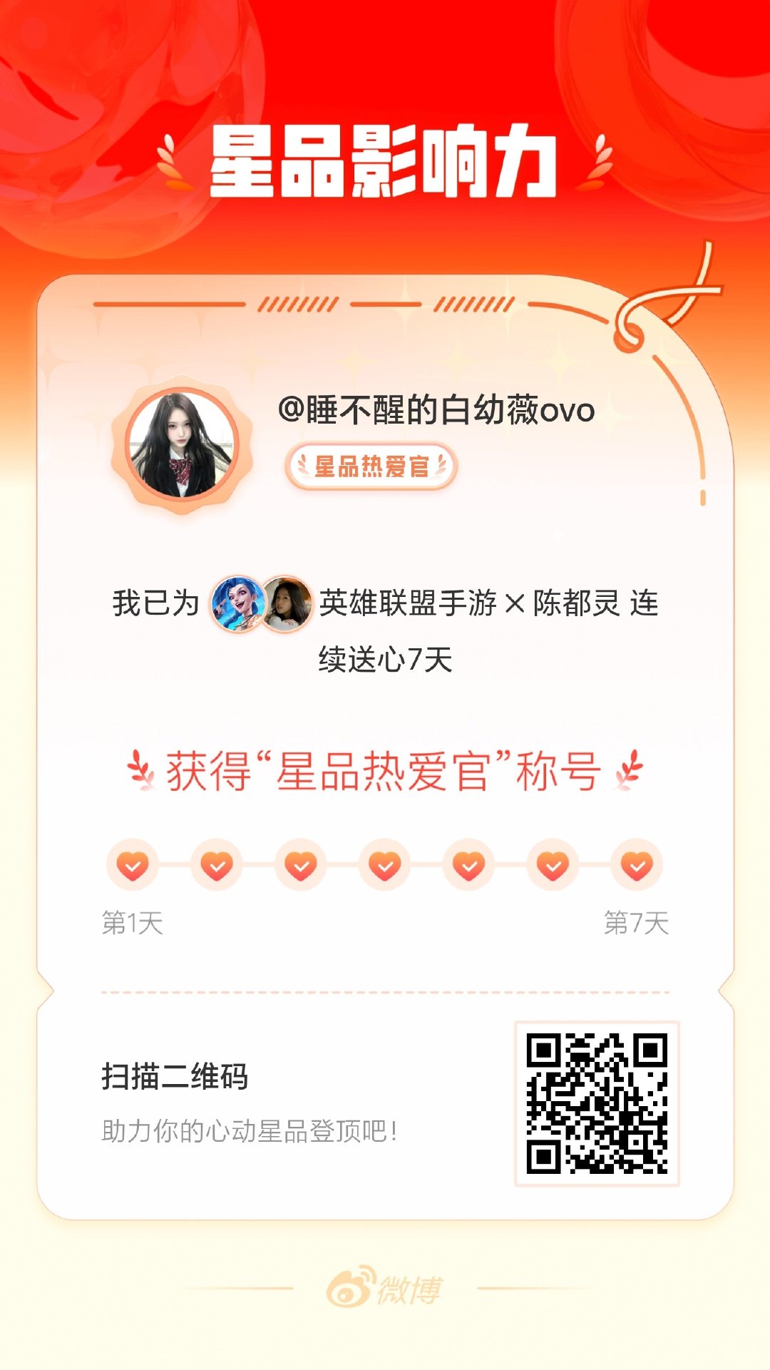 我在星品影响力上为 X 连续送心7天，获得“星品热爱官”称号！快来一起pick你