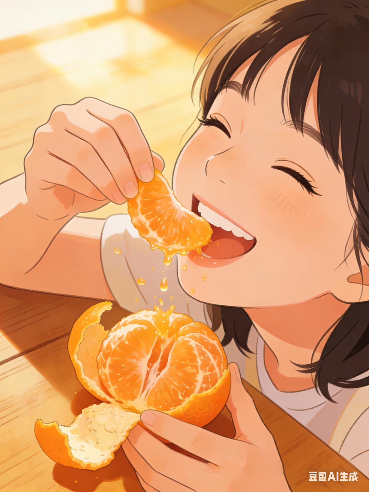 剥开橘子发现今天这瓣特别甜，汁水在嘴里炸开的瞬间，忍不住眯起眼睛笑了。
