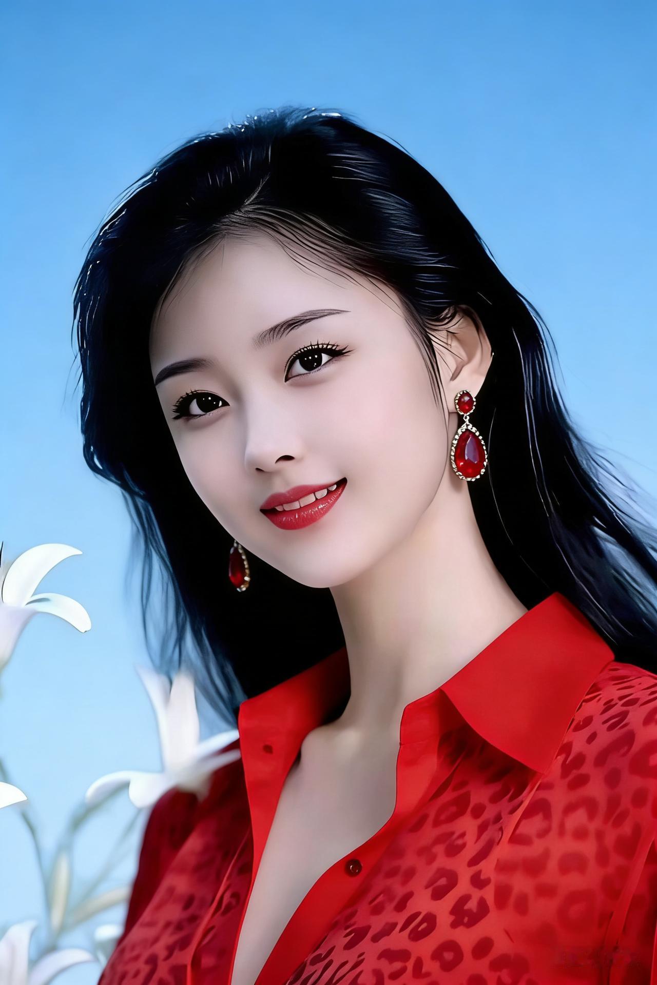 一位女神的迷人容貌，如同她身上的花朵一样绽放。