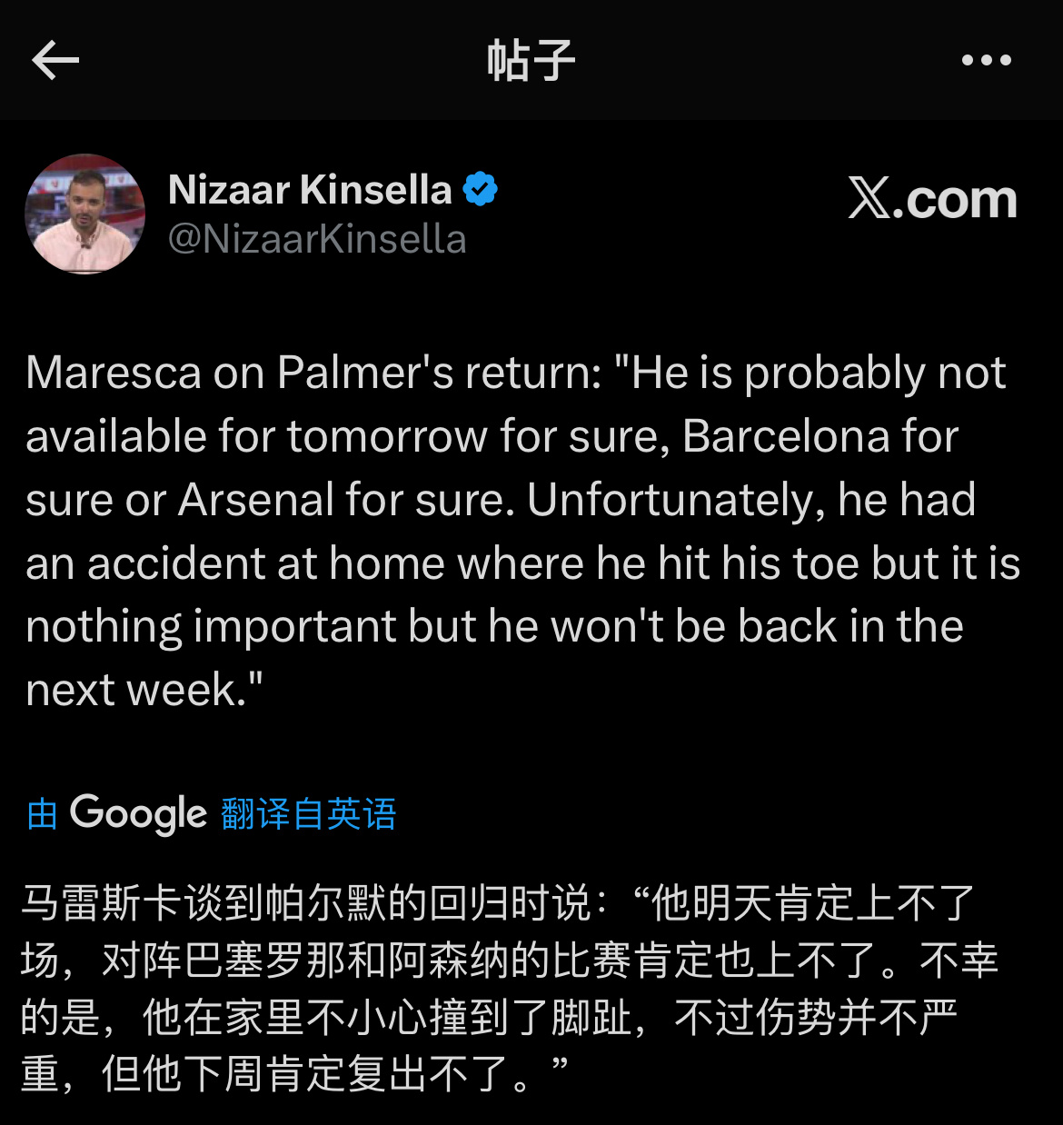 🚨Palmer家中意外受伤，缺席未来三场比赛，马雷斯卡表示“不严重”. 