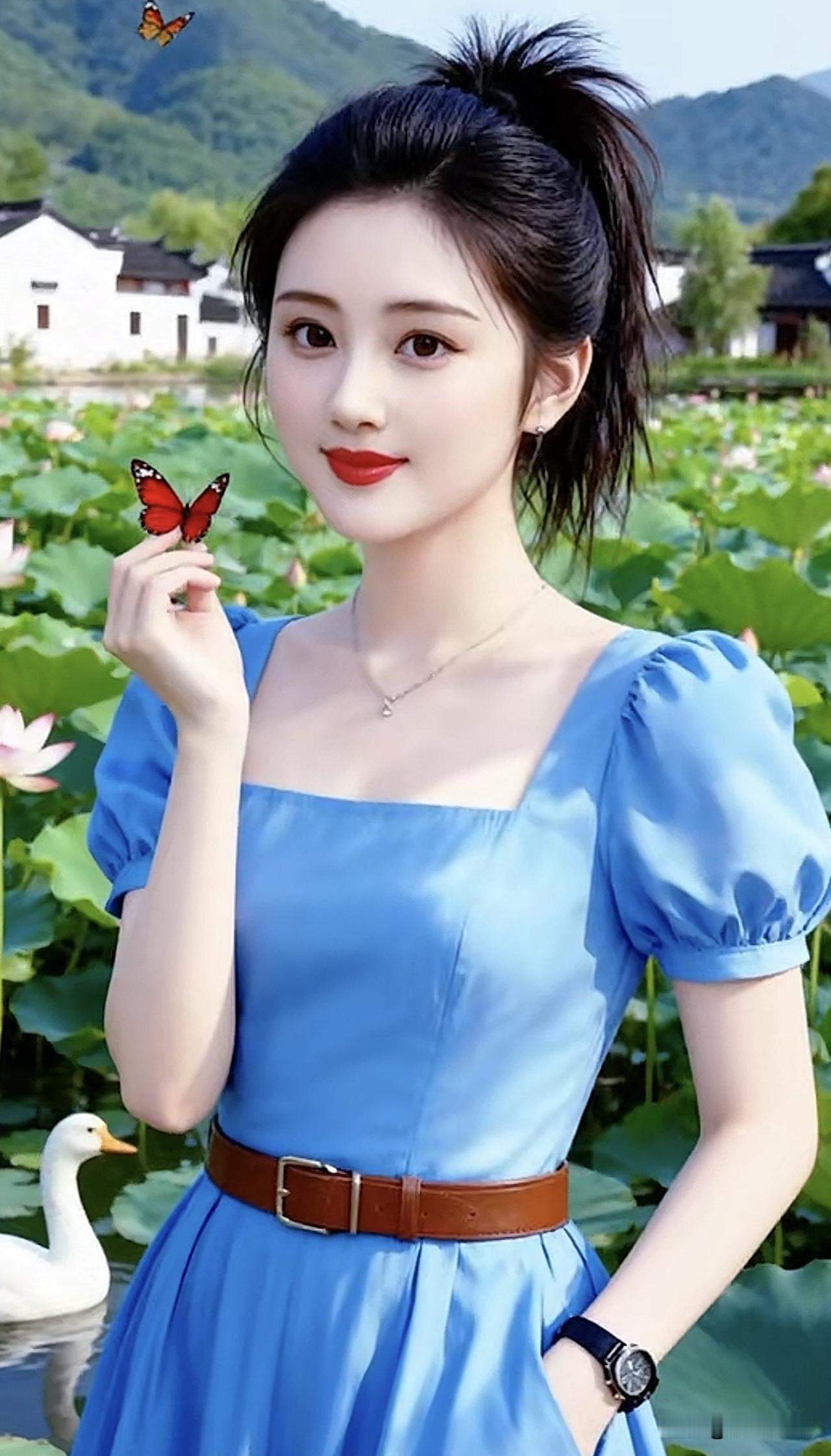 夏日荷塘仙气少女，轻盈飘逸的蓝裙与自然美景相映成趣。🌸💙🦋湖边白裙少女 淡