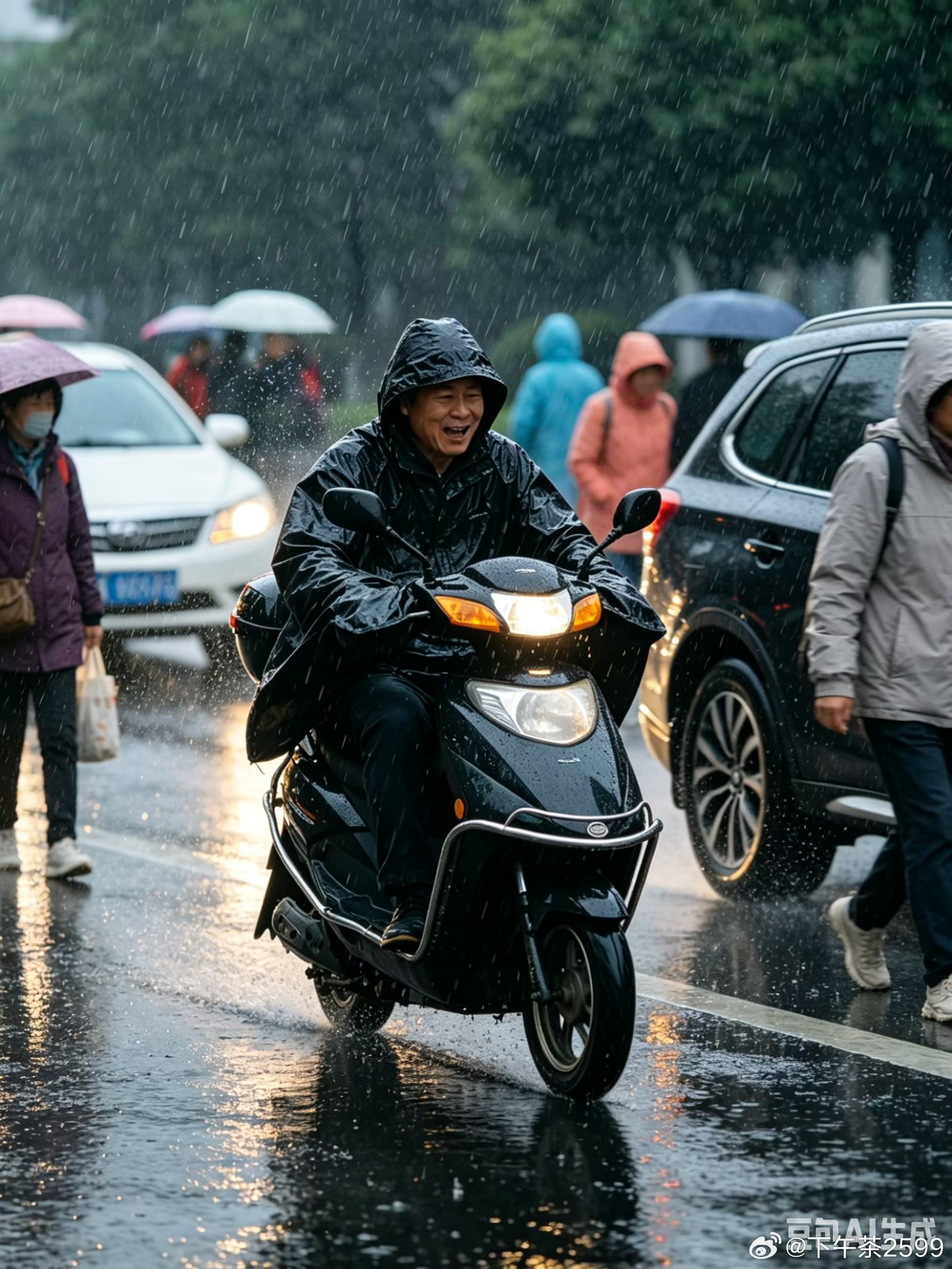 11省区市大到暴雨雨天路湿寒凉，行人与电动车车主迎着风雨匆匆赶路，衣衫被雨水浸透