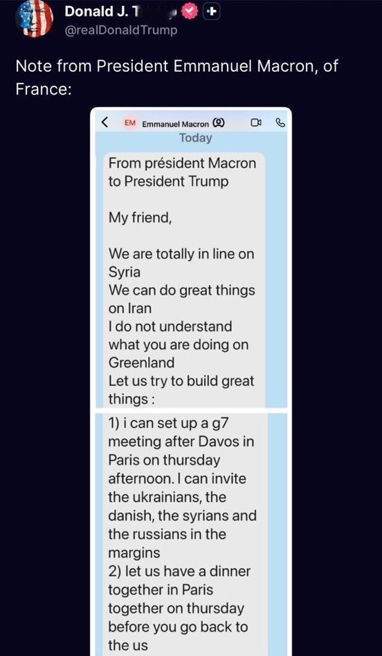 特朗普现在发布了他收到的法国总统马克龙关于格陵兰岛的短信：
“我不明白你们在格陵
