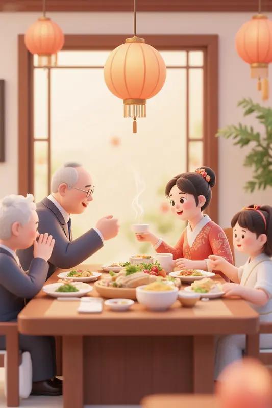 新年生活就像一本丰富多彩的图鉴。过年时，家人围坐在一起吃年夜饭，热气腾腾的饭菜里