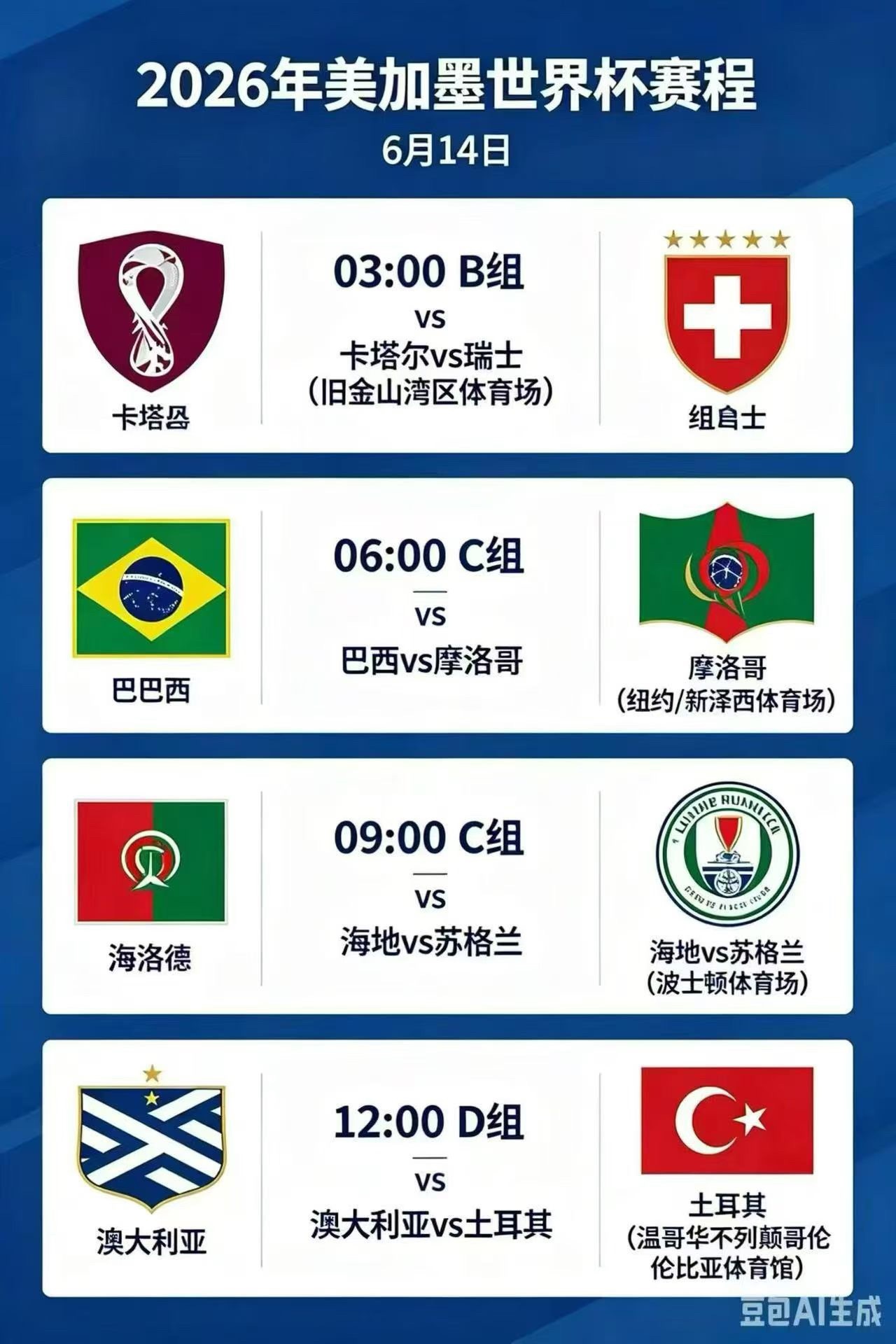 ⚽ 6月14日 世界杯小组赛赛程03:00 卡塔尔 🆚 瑞士06:00 巴西 
