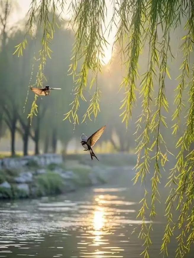 上联：燕剪一湖水，
下联：鸭戏半池春，
下联：风载万缕丝。