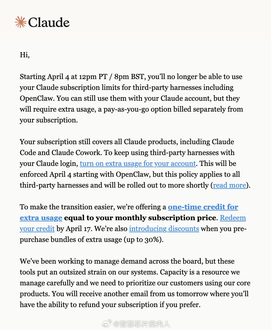 Anthropic已经向Claude用户发送email，使用OpenClaw要额