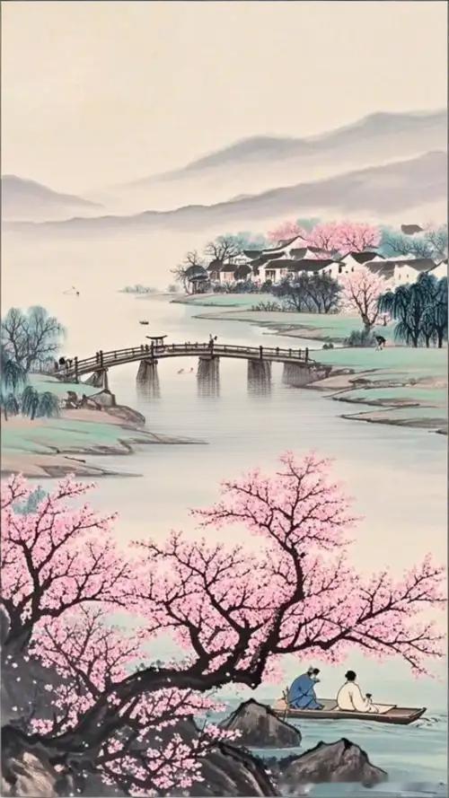 《过耶溪》
——唐·朱庆馀
春溪缭绕出无穷，
两岸桃花正好风。
恰是扁舟堪入处，