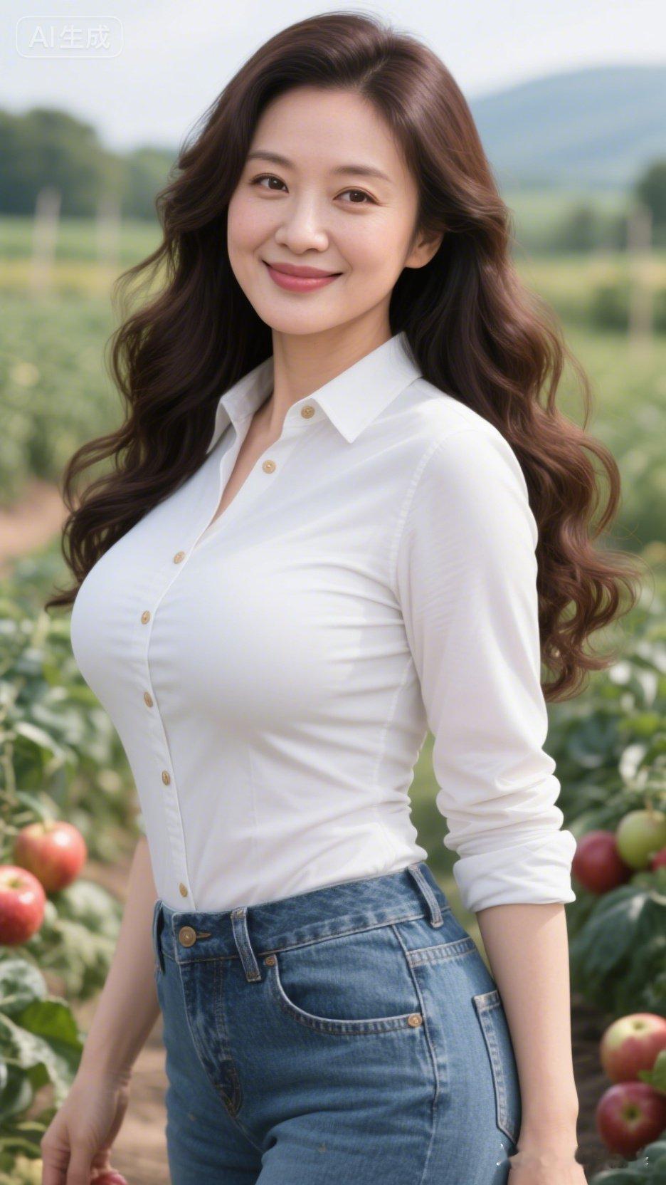田园风穿搭，白衬衫+牛仔裤，清新自然，苹果园里的甜美女孩🍎🌸