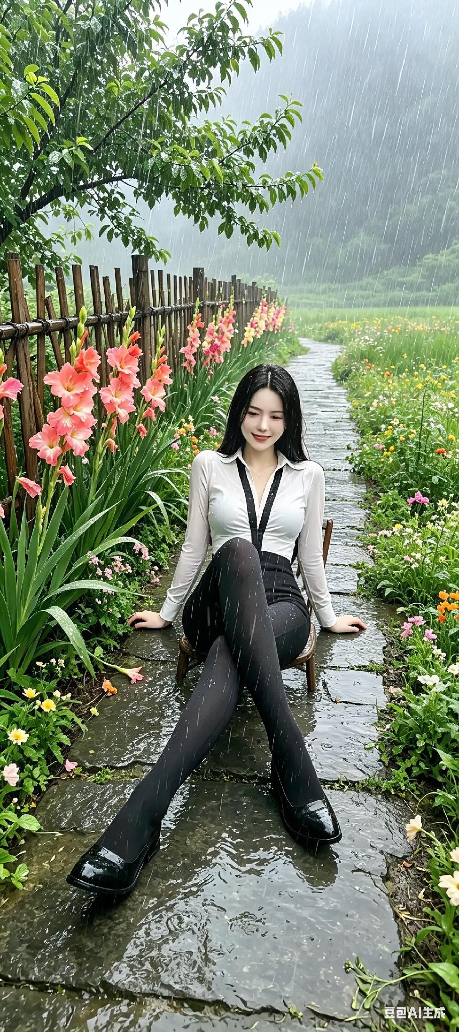 美女雨中悠闲自在，确实是一道亮丽的风景，但雨淋久了不好，当心感冒哦！

雨景美照