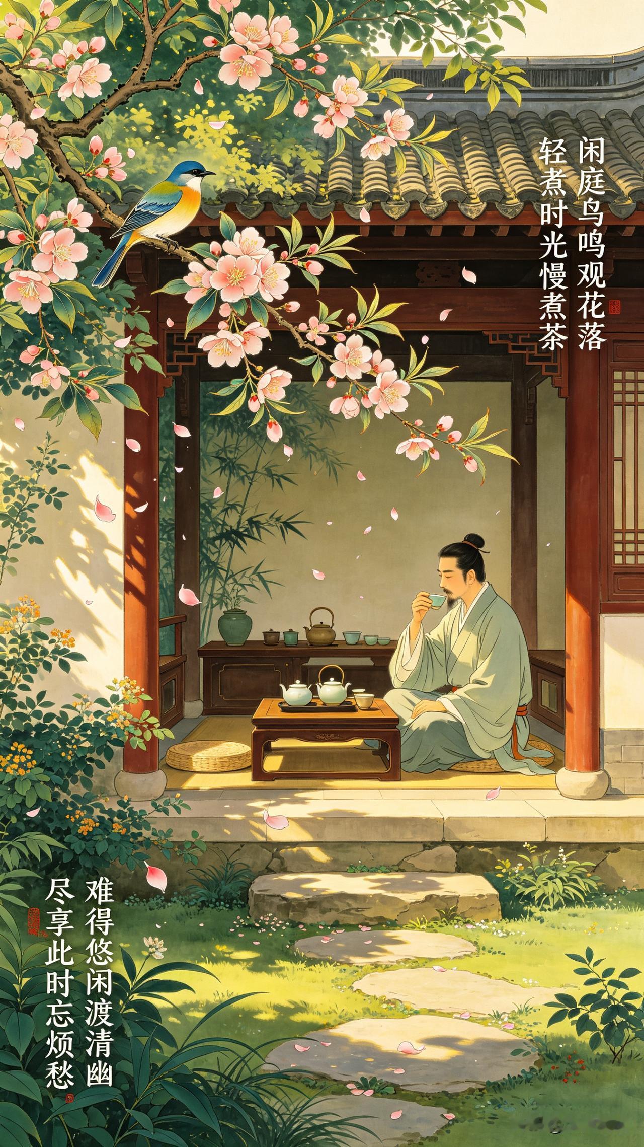 《心安即味真说》

一碗粗茶漱尘心，半碟淡饭养精神。
柴门不锁云来去，竹灶无烟火