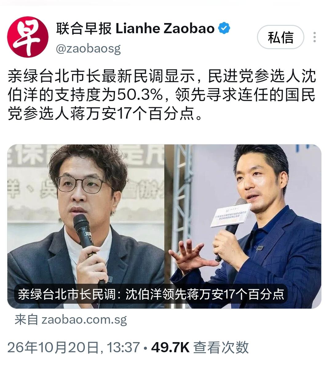 新加坡联合早报今天（10月20日）报道：“亲绿台北市长最新民调显示，民进党参选人