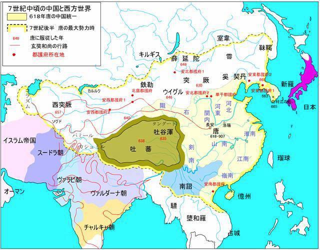 日本人历史视角里的唐朝中前期版图 
图为日方所绘制七世纪的唐朝版图，还特别标注了唐军击败倭军的白村江，从最大势力范围看，日本人也是认可唐朝势力曾经深入过中亚的，不得不说本子还是有些大唐情节的！