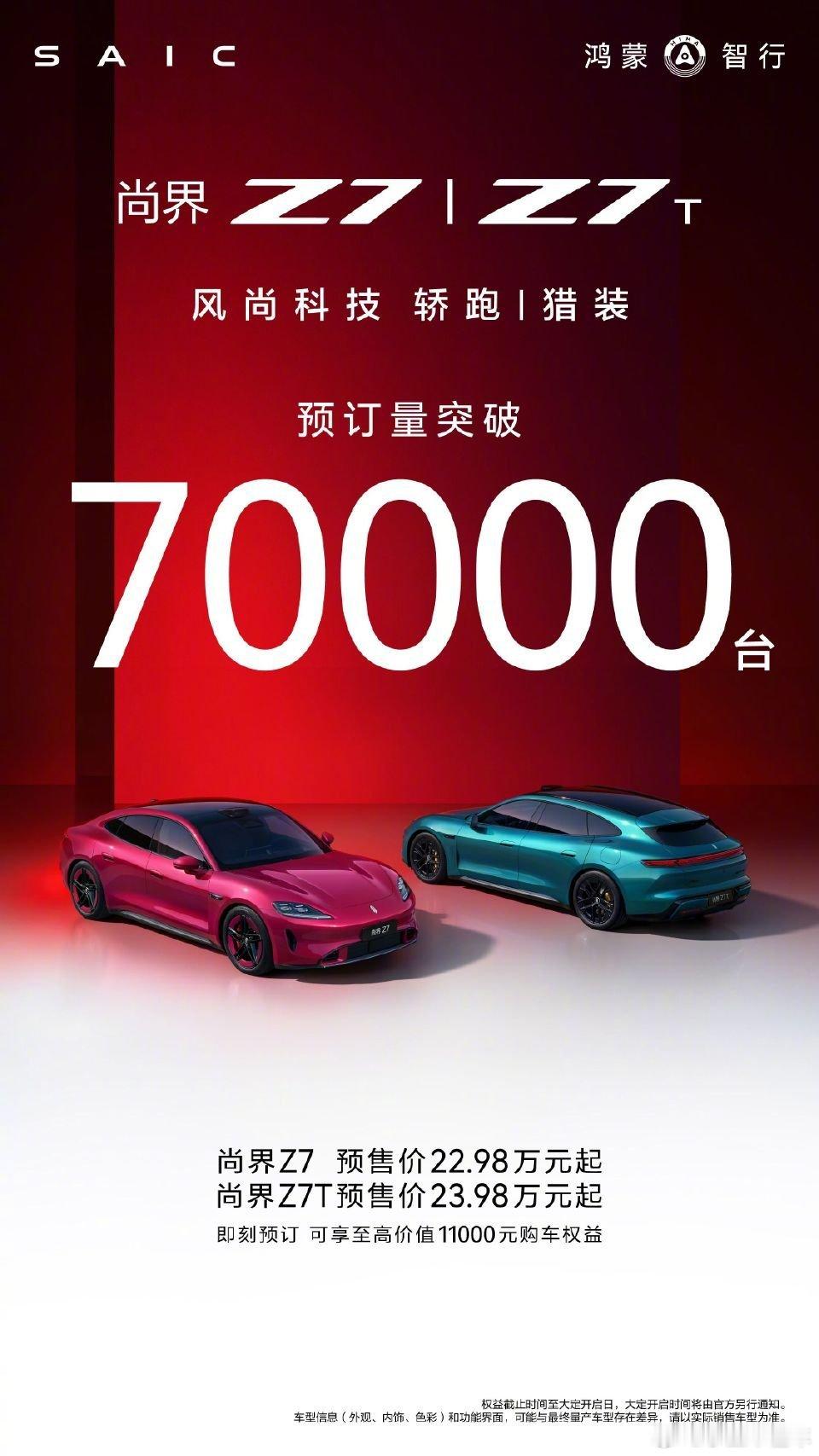 尚界Z7小订破70000台近日，尚界Z7、Z7T两款车型累计订单已突破7万台！刚