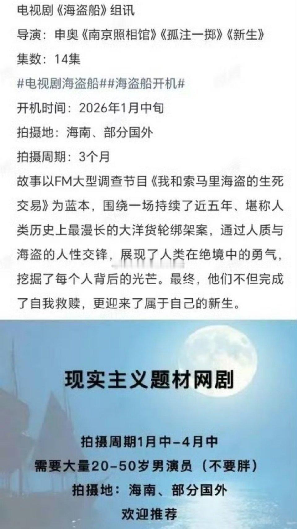 🍉悬疑剧《海盗船》26年初开机导演：申奥（《孤注一掷》《新生》）主演：于适 