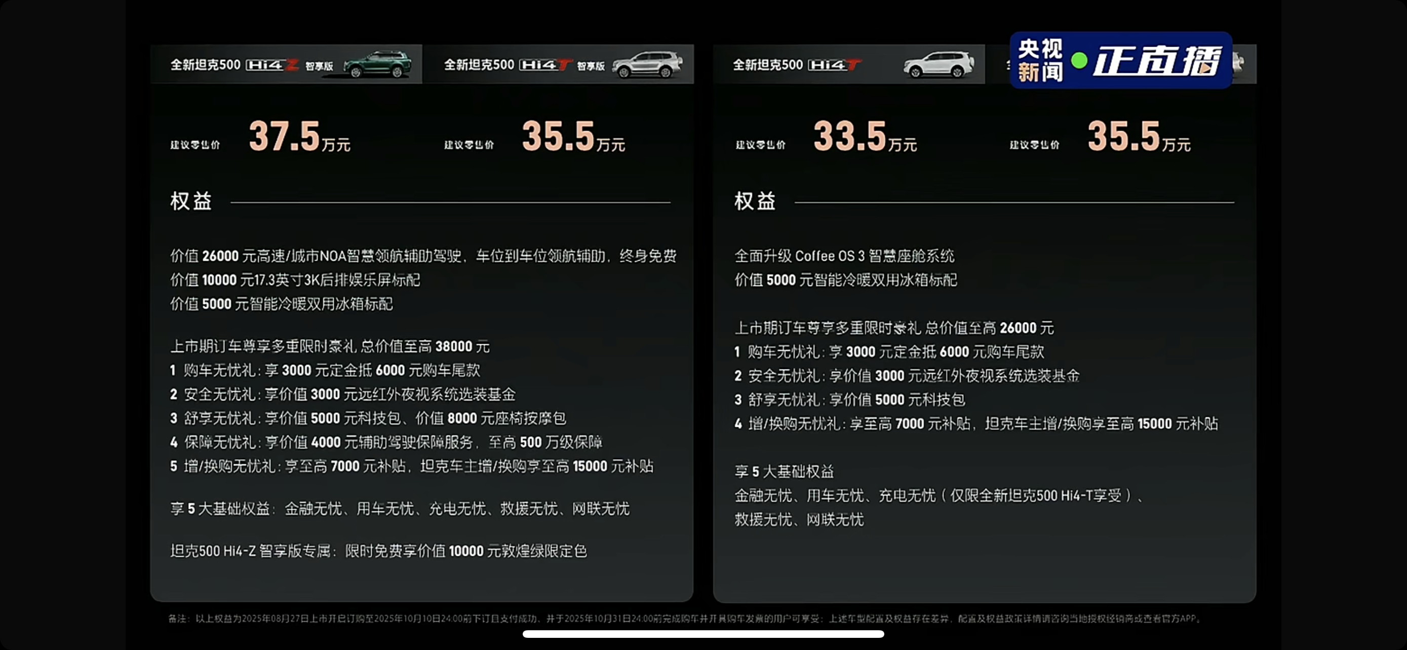 全新坦克500正式上市，四个配置，价格如下⬇️全新坦克500Hi4T：33.5万