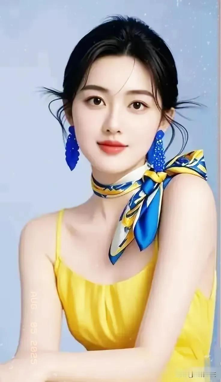 夏日清新少女风，黄色连衣裙搭配蓝色丝巾，活力满满！🌞👗💙