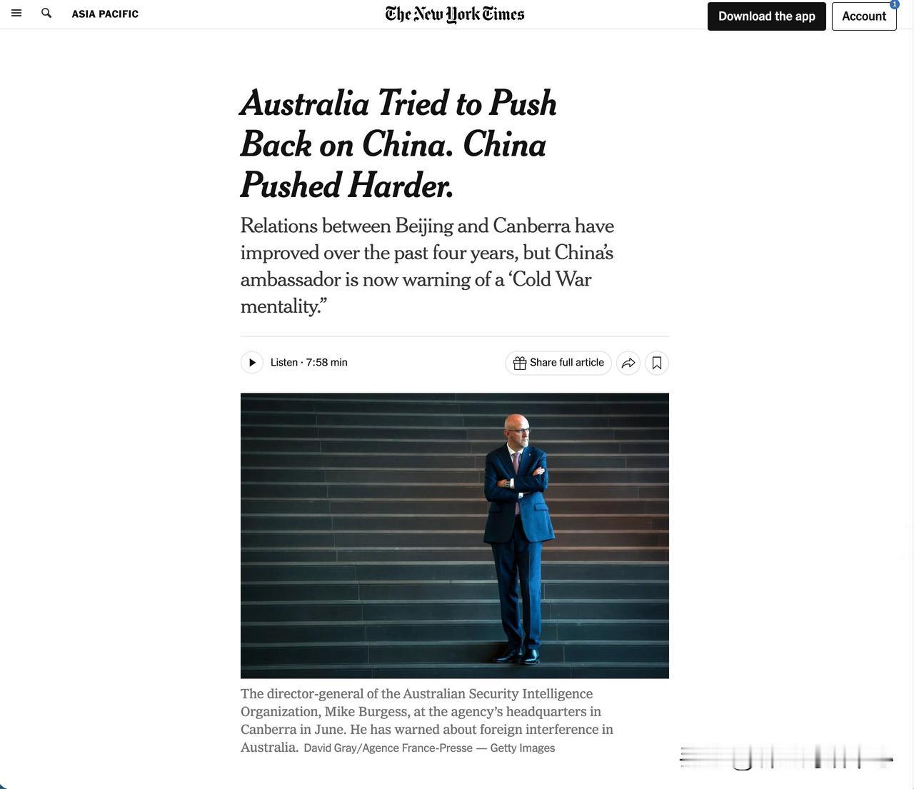 《纽约时报》写了一篇完整的文章，只说一件事：
澳大利亚试图“站起来”中国。
它什