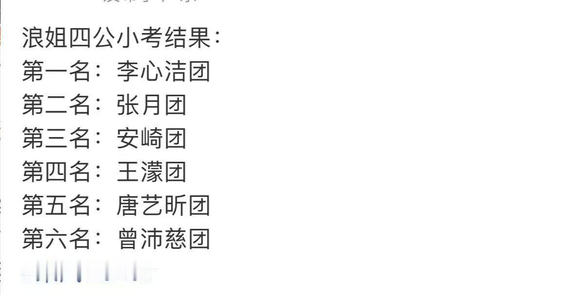 浪姐网传四公小考结果网传浪姐四公小考排名 真的假的啊？还是期待姐姐们的四公舞台吧