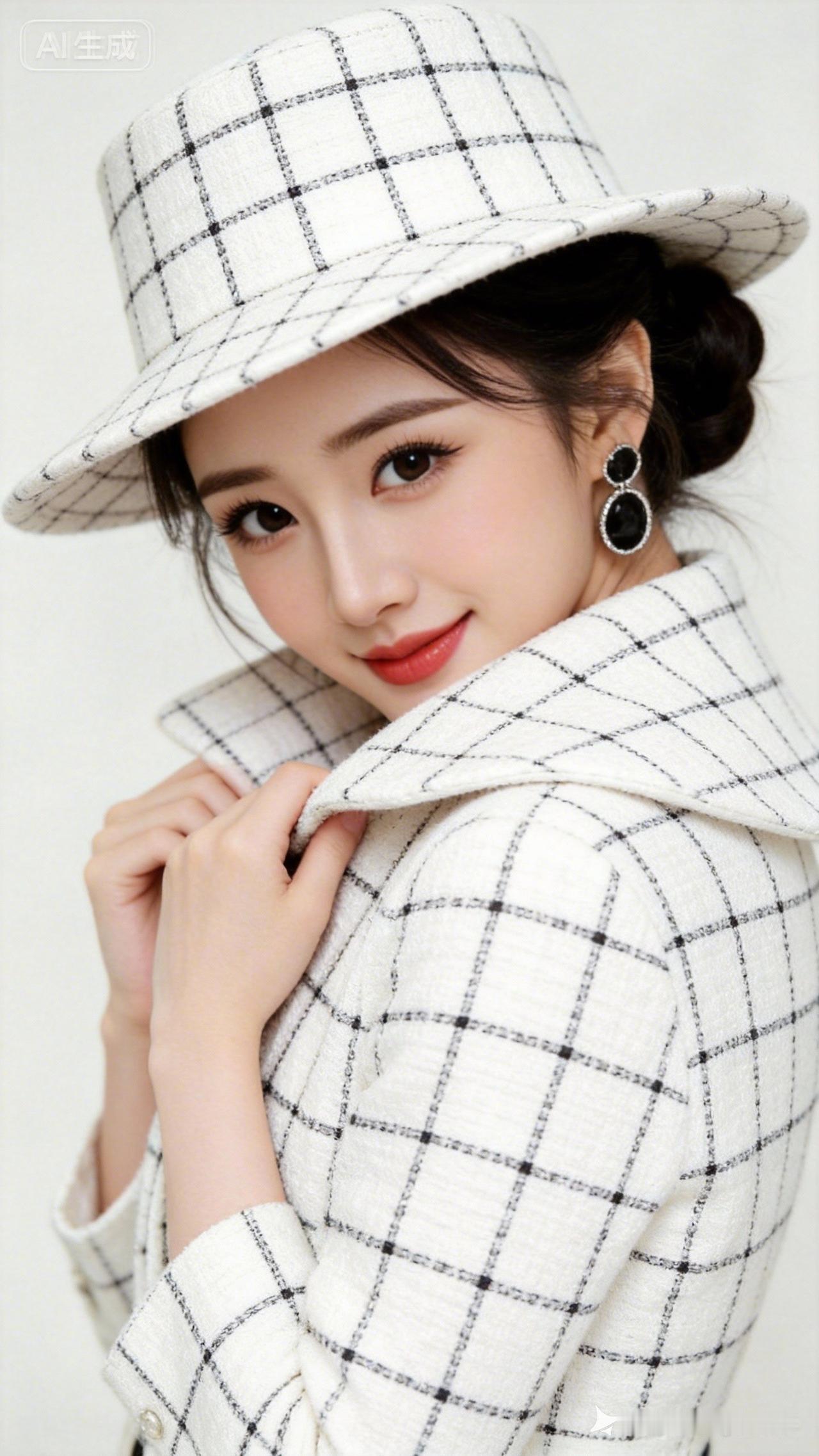 绝色美人肌肤胜雪，唇红齿白，眉目如画。身着白方格大领衣衫，头戴同色系礼帽，精致盘
