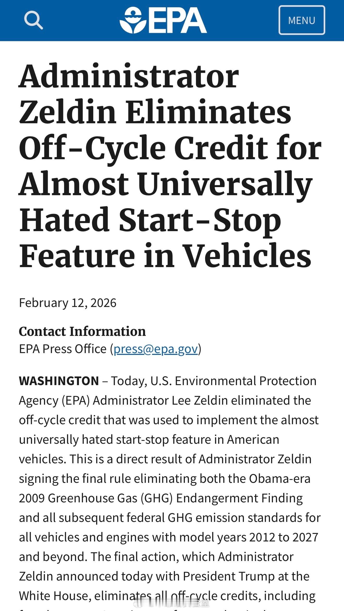 美国环境保护署2月12日宣布：彻底取消所有“非工况积分”，包括奖励车企安装自动启