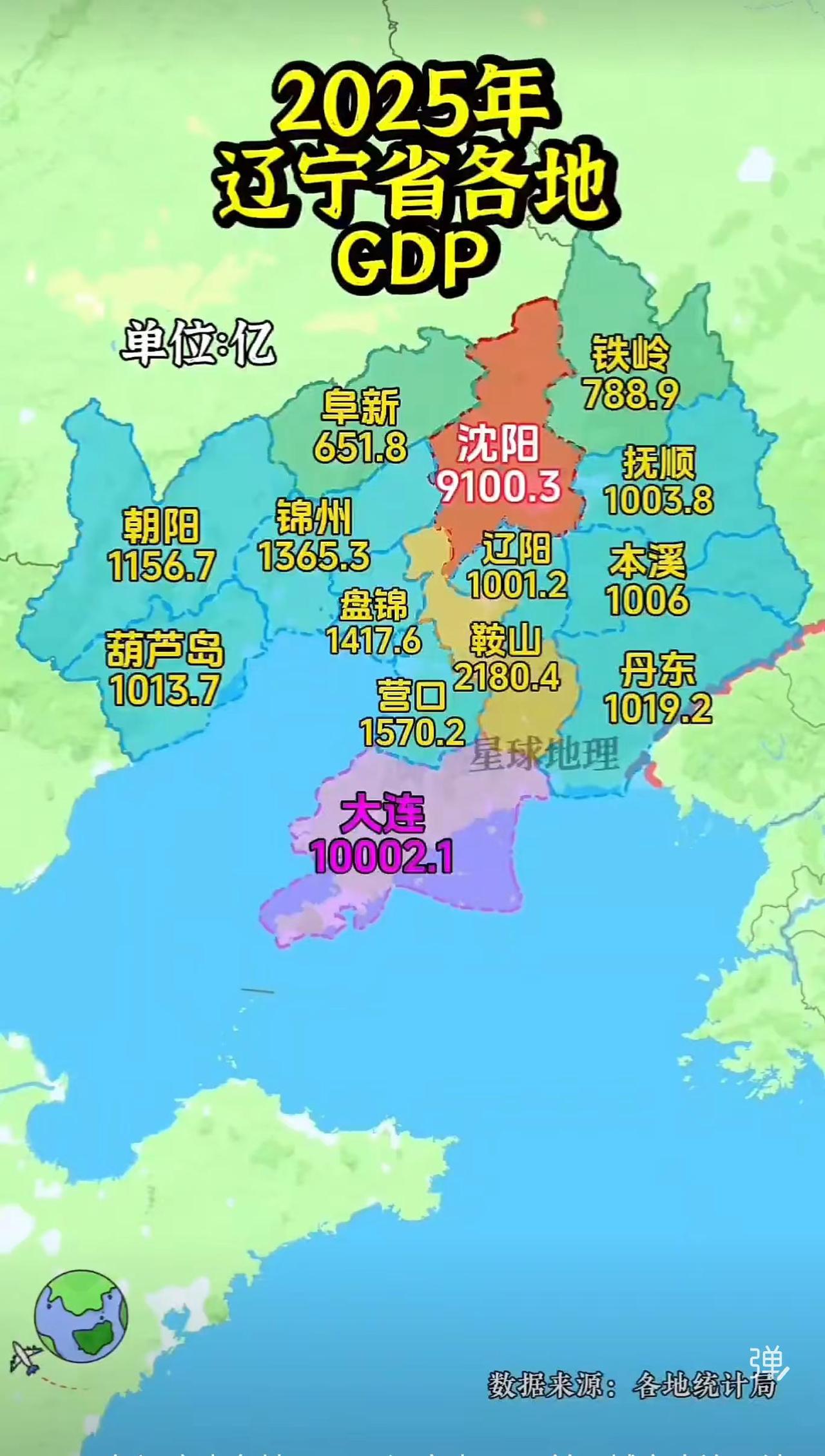 地图显示全省经济呈现“双核引领、多点支撑”格局。大连GDP达10002.1亿元，