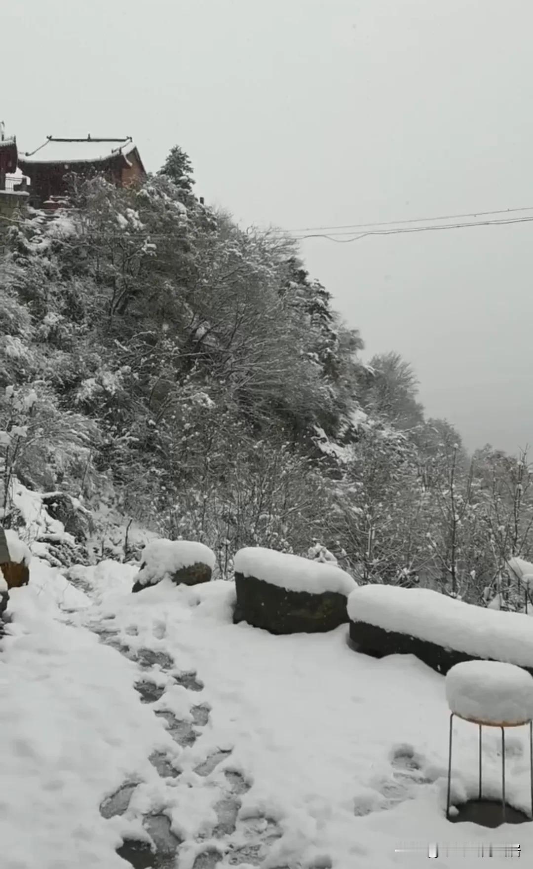 秦岭终南山下雪了，终南第一峰太兴山上积雪已经很厚，气温骤降至零下5度左右，山上的