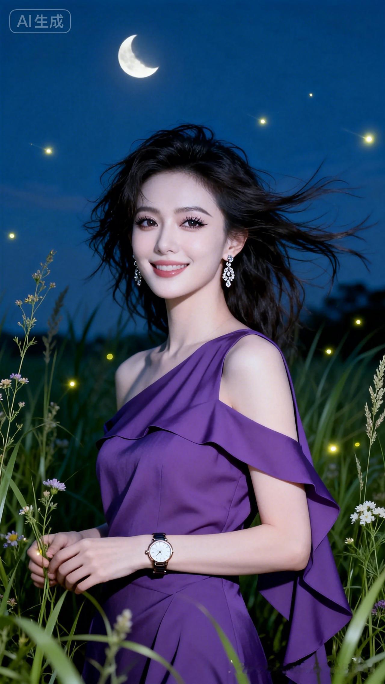 弯月悬空，萤火翩飞，野花草丛生机盎然。冷白肌肤的女子发丝随风轻扬，眉眼精致动人，