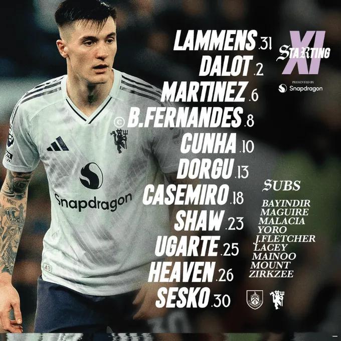 英超第21轮将展开一场焦点战，伯恩利主场迎战曼联。赛前，双方公布了首发阵容。伯恩