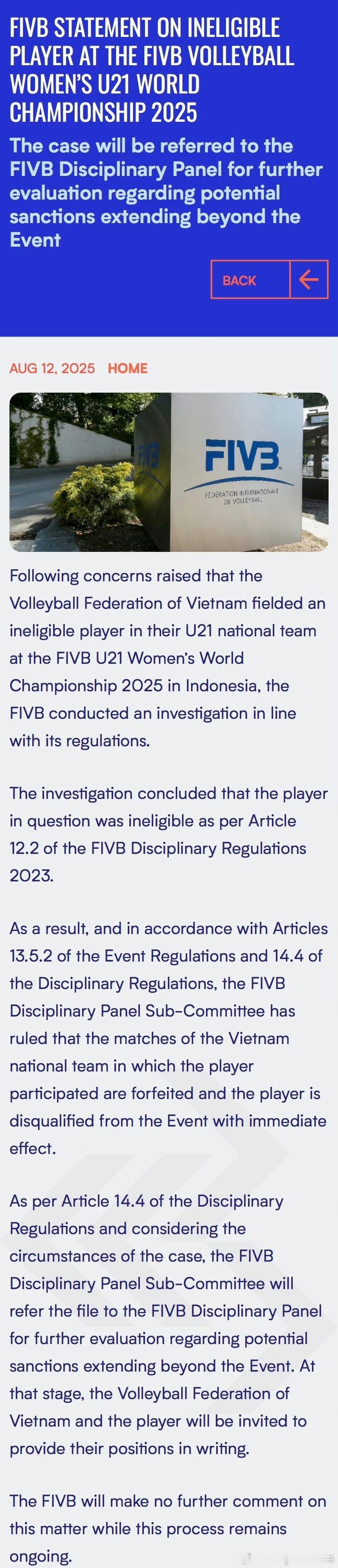 2025女排u21世锦赛 国际排联做出处罚决定，取消越南一名球员参赛资格。昨天越