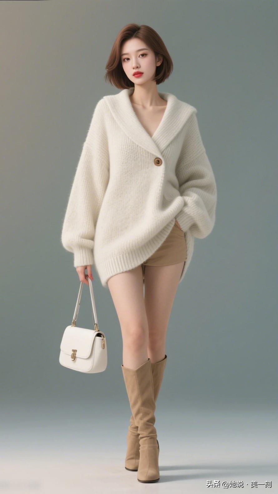 温柔奶白毛衣搭配米色短裤，轻松打造冬日暖意穿搭！🌟👗👢