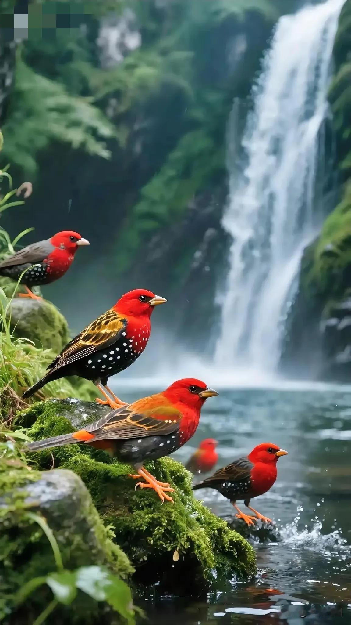 红鸟瀑景
红鸟嬉水自欢跃，瀑布流辉韵致娇。
急湍若箭崖头坠，溅雪如星翠玉摇。
远