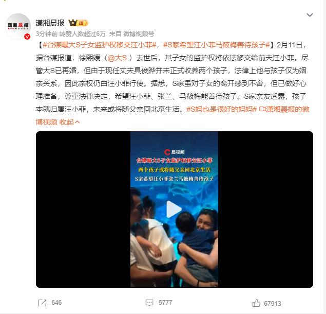 大S去世10天了，孩子的抚养权归属问题，终于尘埃落定。

网传，孩子的抚养权归了