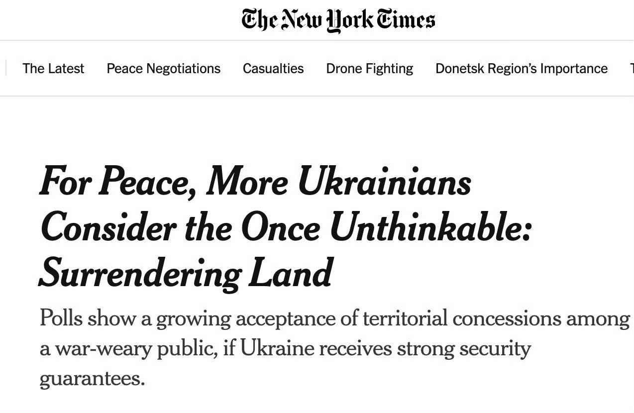 据《纽约时报》报道，越来越多乌克兰人愿意为和平放弃顿巴斯。根据最新民意调查，已有