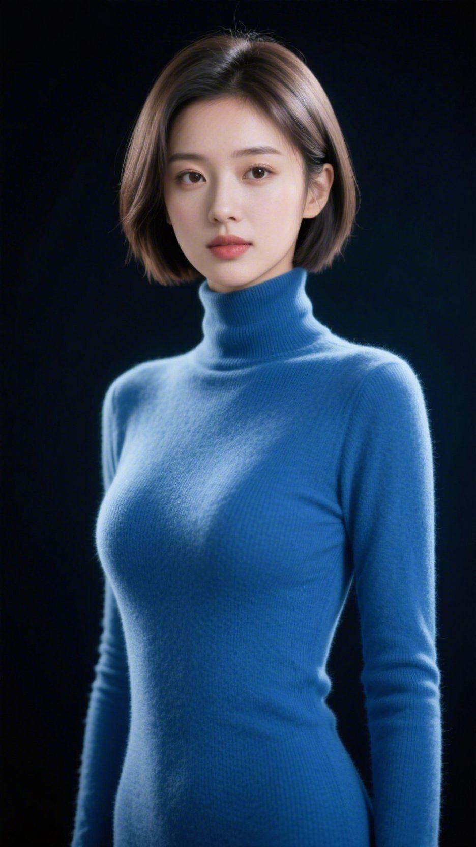 《幽蓝里的清宁意》
 
墨黑背景如沉落的夜，她身着幽蓝高领针织立在其中——绒质衣