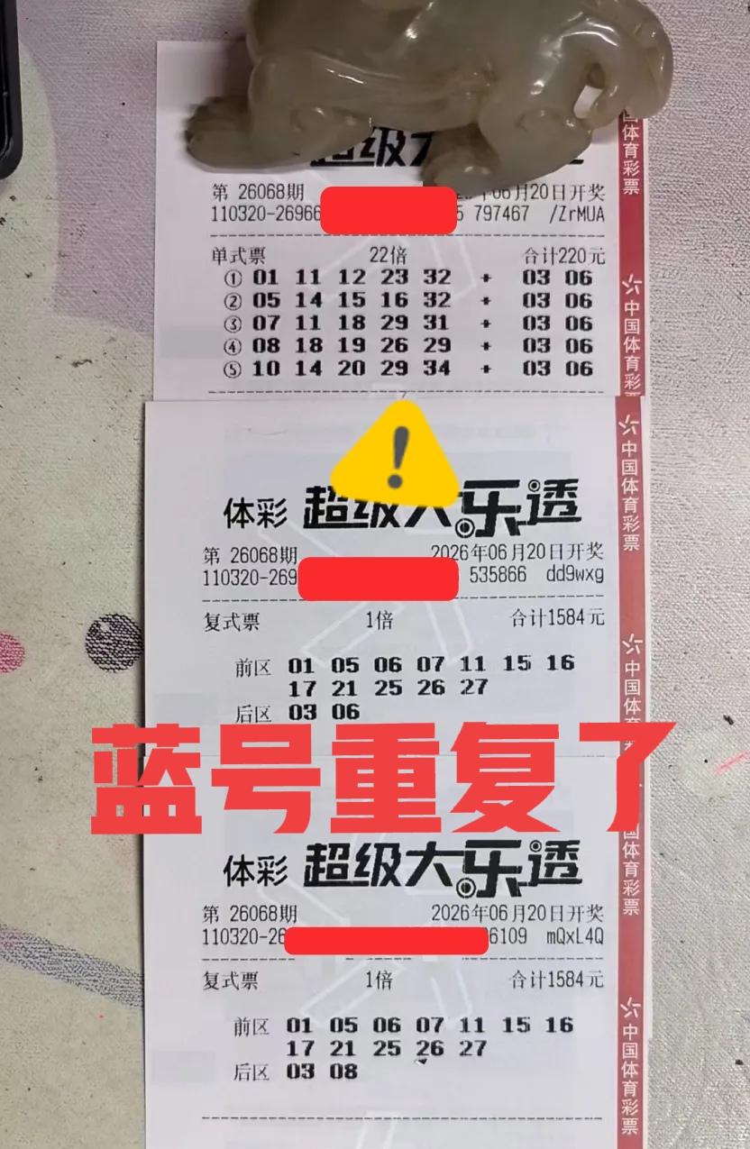 撞号严重啊！大佬后区03/06/08，同样是22倍票，另一张也是03/06/08