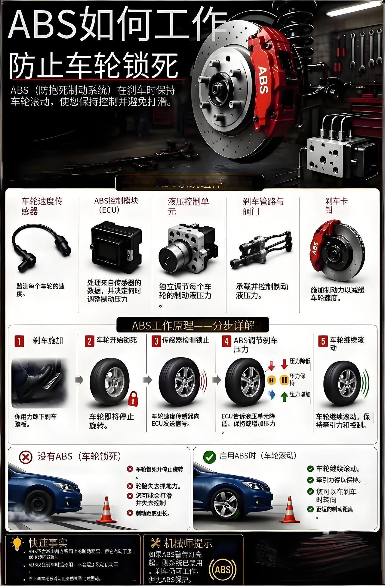 防抱死制动系统（ABS）其实是车上很重要的安全配置，急刹或者紧急制动的时候，它能