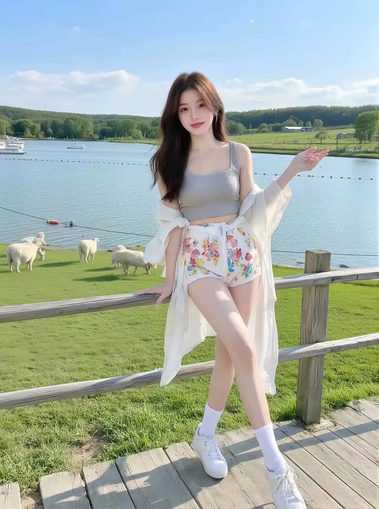 湖畔美人倚栏立，花影摇曳映芳姿。