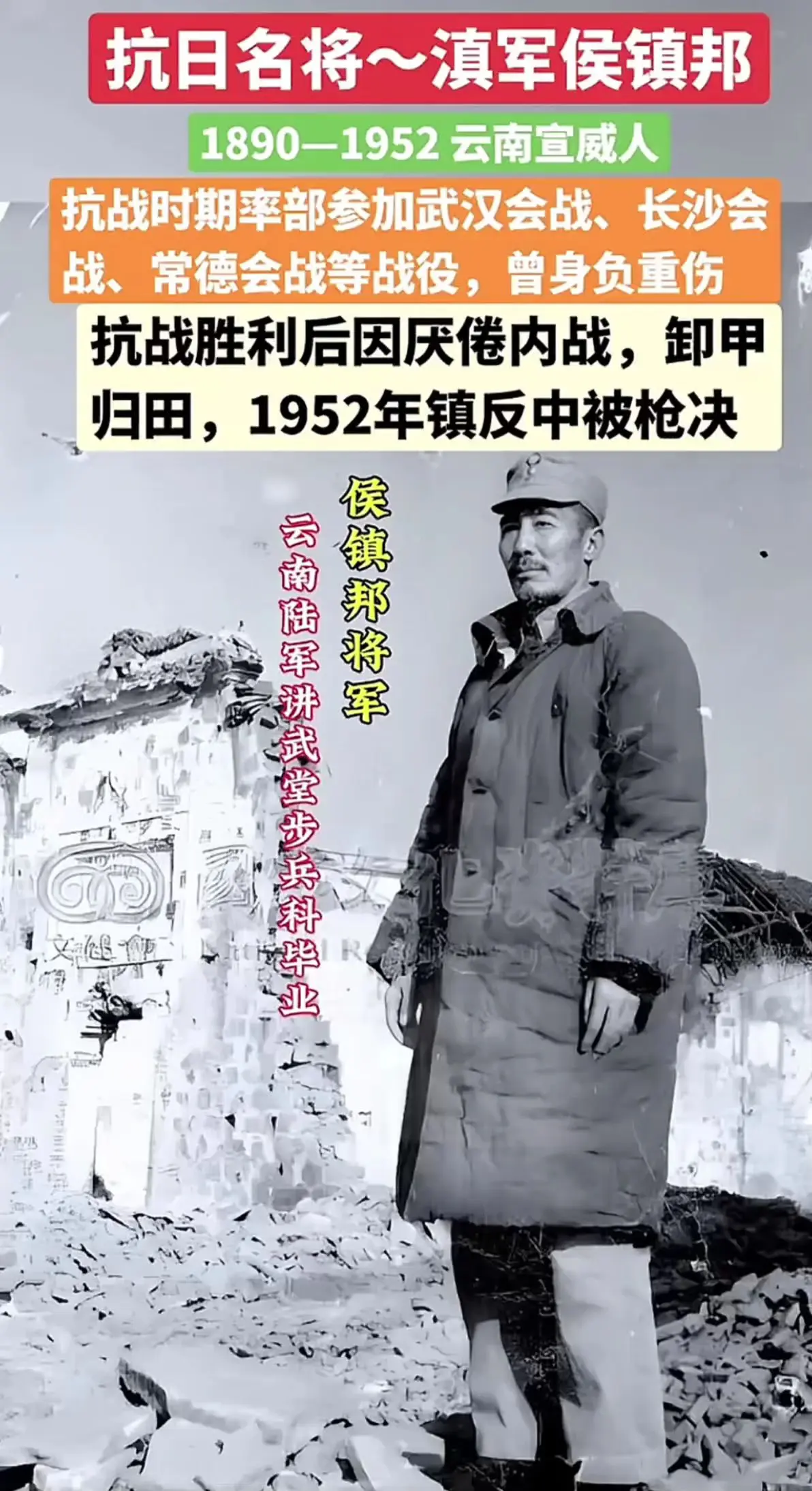 抗日名将~滇军侯镇邦 1890-1952云南宣威人 抗战时期率部参加武...