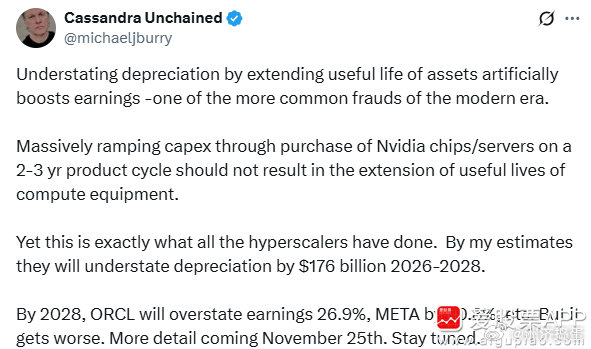 【大空头伯里再度开炮：AI巨头涉嫌靠会计手法“虚增”利润】曾因押注美国次贷危机而